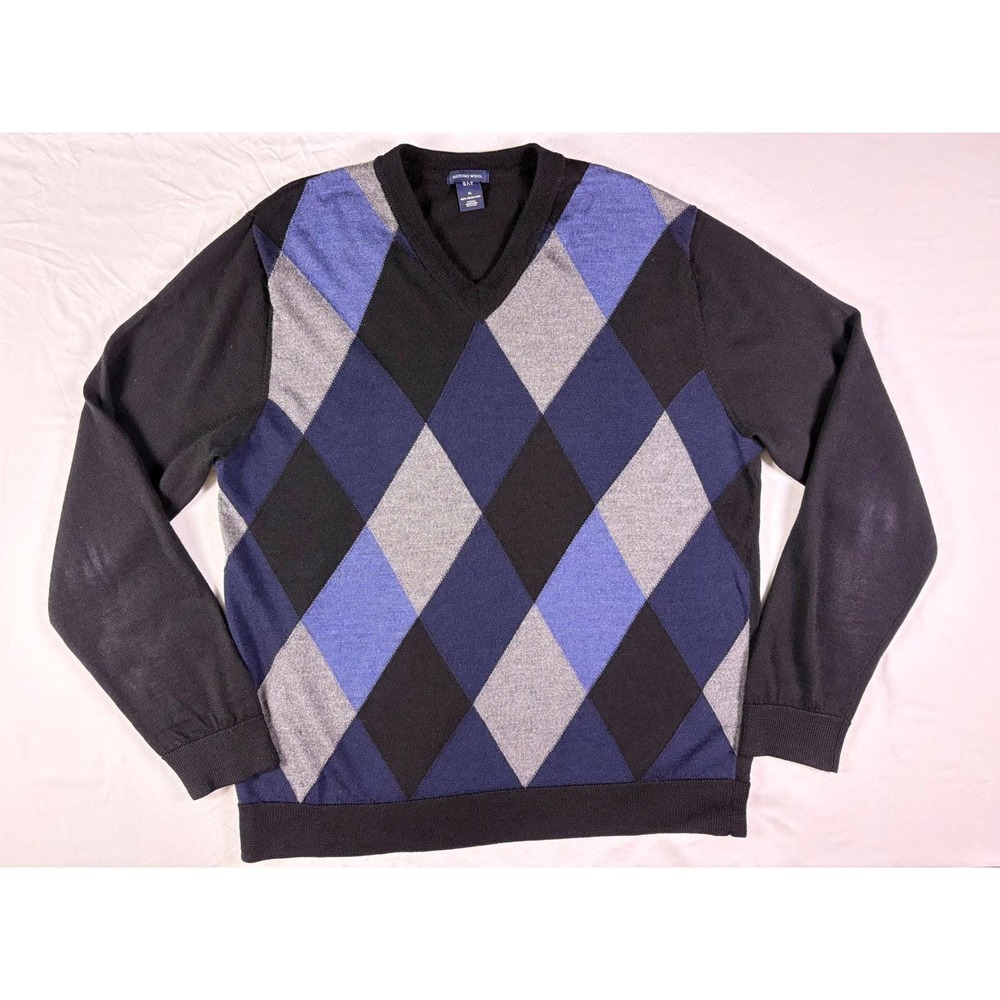 Vintage GAP Argyle Sweater Mens XL Merino Wool V Neck Dark Academia Preppy Y2K